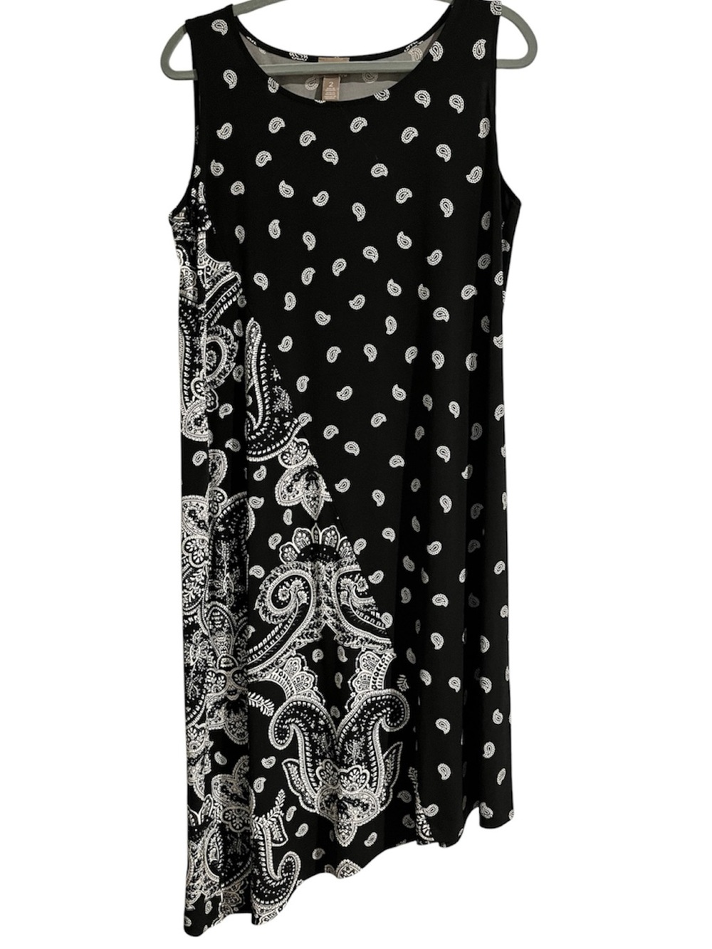 Chico’s Boho Bandana Harmony Dress Black White Jersey Knit Asymmetrical Hem Sz L